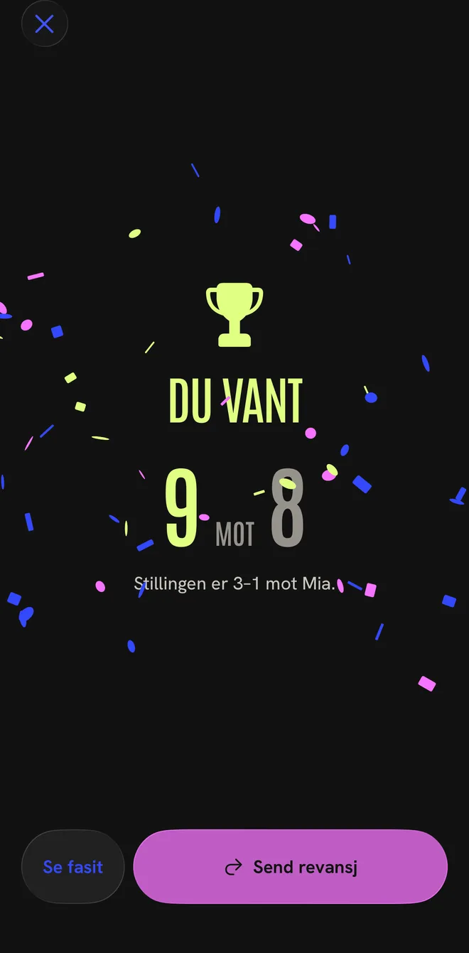 Duellresultat i Bilteori: du vant 9 mot 8.