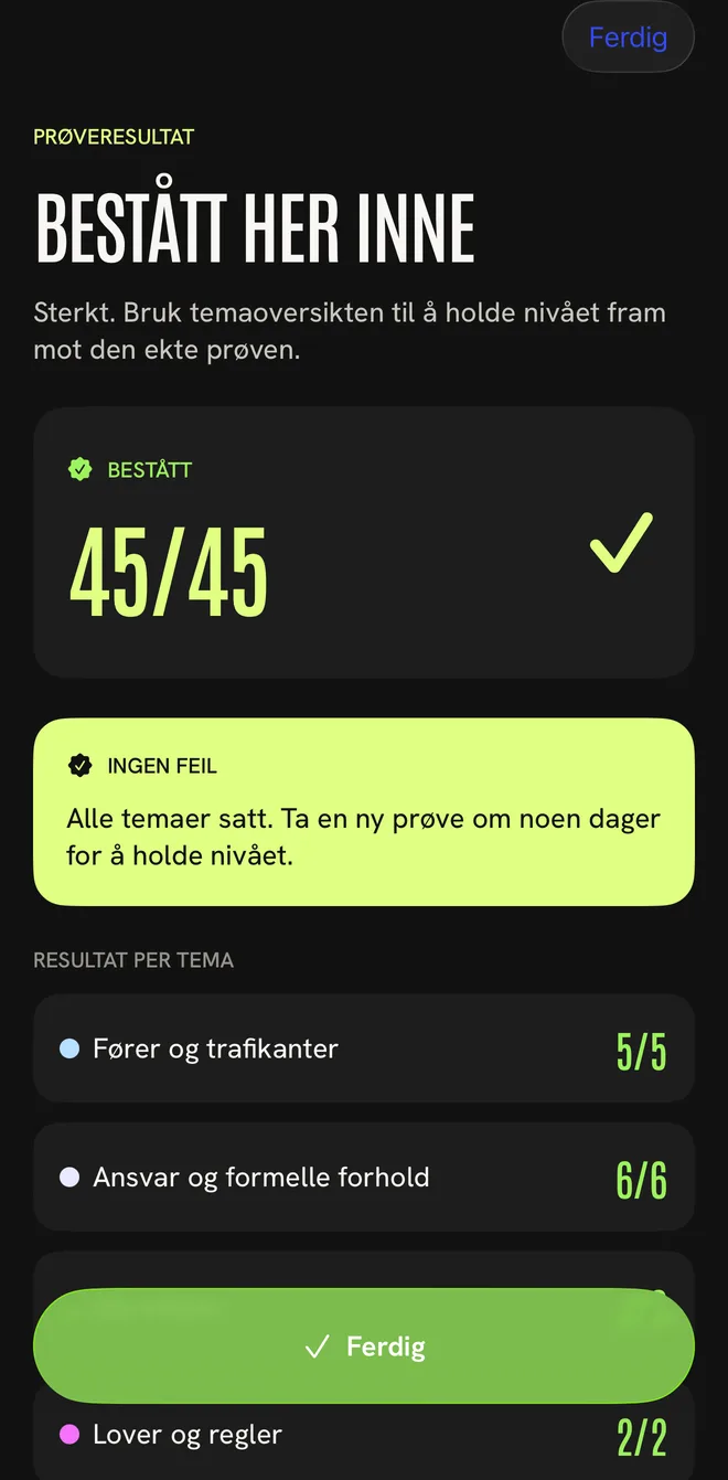 Resultatsiden etter en prøve, med temaene du bør øve mer på.