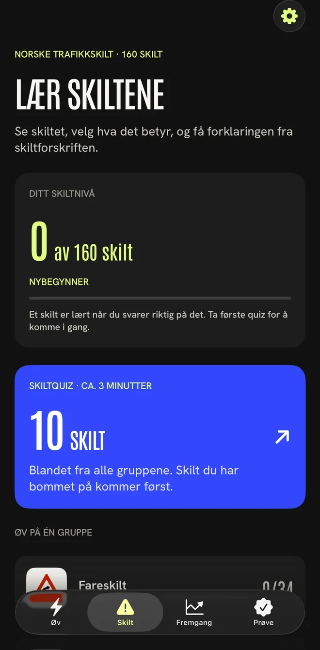 Skiltseksjonen i Bilteori med nivå, grupper og skiltquiz.